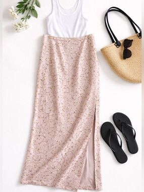 Y2K Blush Beaded Midi Skirt • Floral Embroidered Slip Skirt • Size S